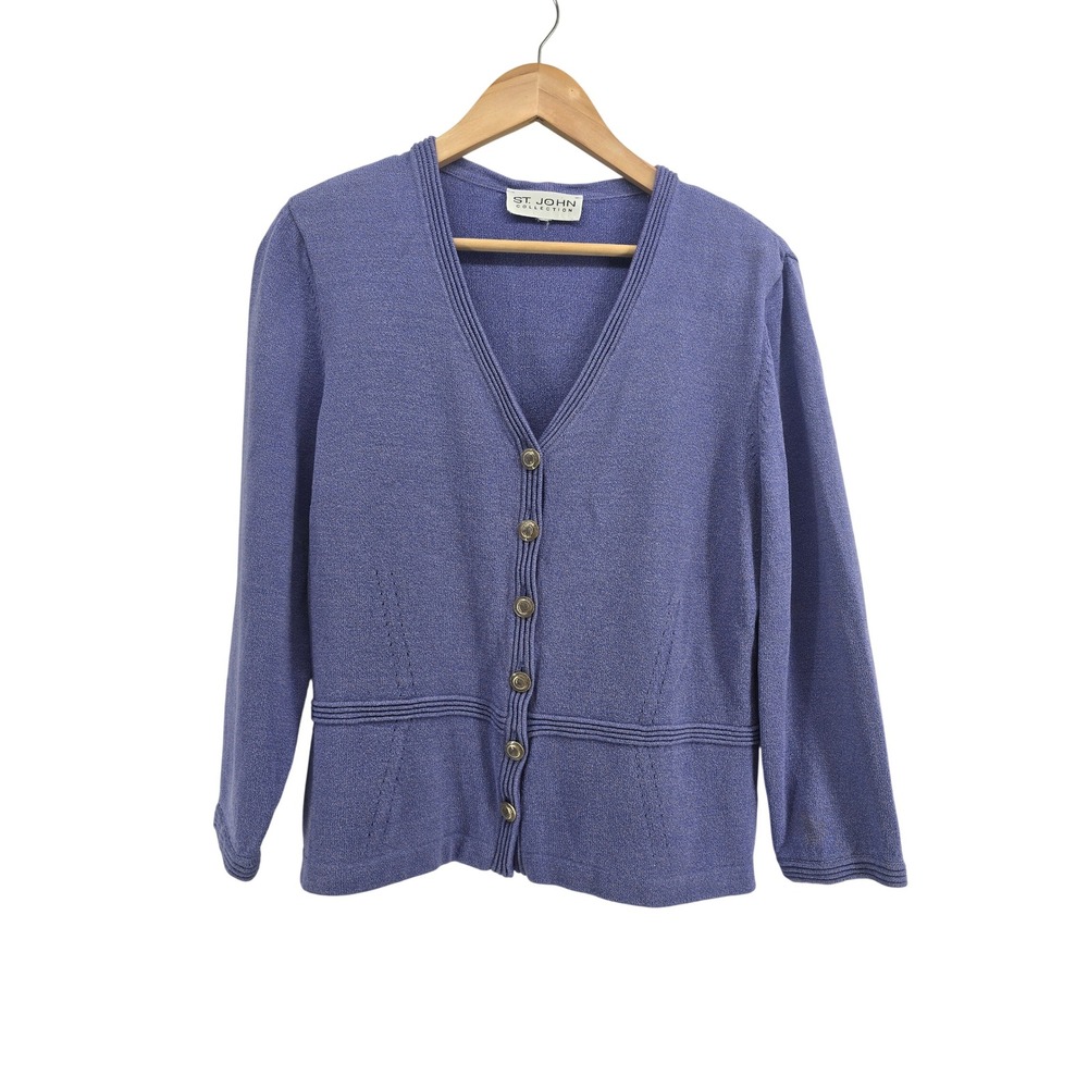St John Cardigan Womens M Santana Knit Periwinkle Blue V-Neck Button EUC